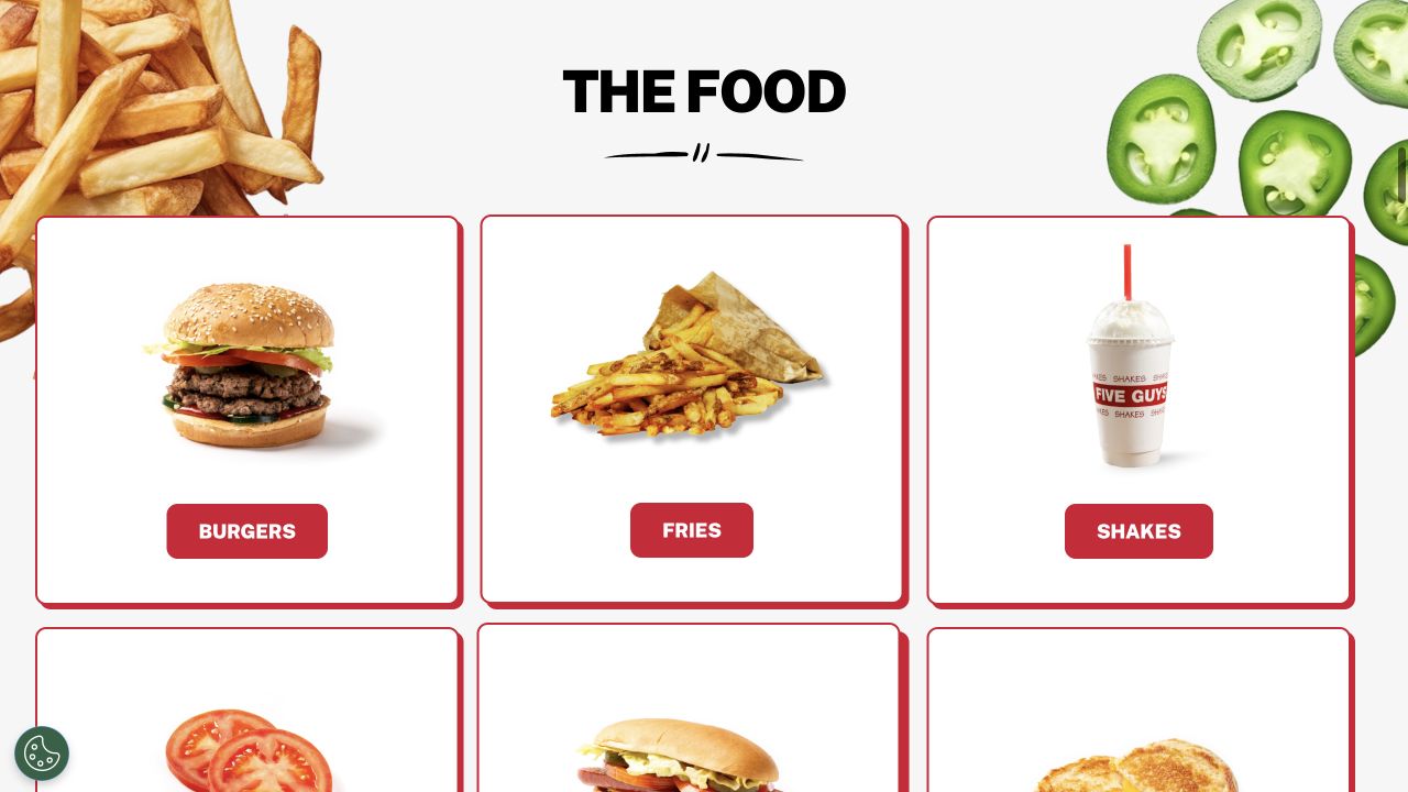 Five Guys homepage food section, with decorative fries and jalapeño cutouts around the menu cards