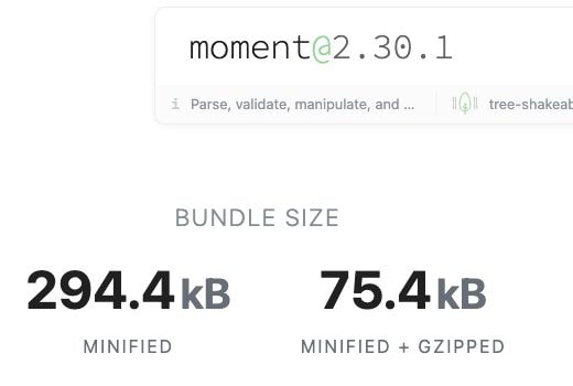 Bundlephobia screenshot for Moment.js 2.30.1, showing the minified and gzip bundle estimates