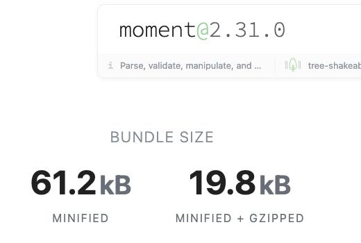 Bundlephobia screenshot for Moment.js 2.31.0, showing the minified and gzip bundle estimates